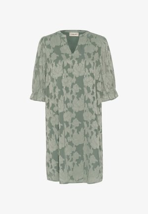 Grünes, floral gesticktes Kleid mit V-Ausschnitt, kurzen Puffärmeln und lockerer Passform. Verfügt über einen strukturierten, durchsichtigen Stoff mit einem geschichteten Muster.