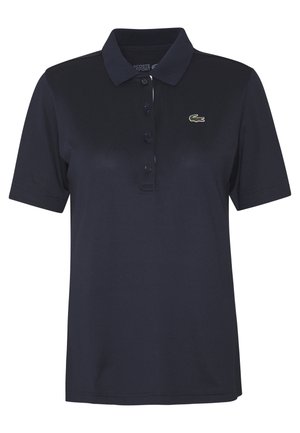 Navyblauwe poloshirt van katoen. Heeft een klassieke kraag, een placket met drie knopen en een klein groen geborduurd logo op de borst.