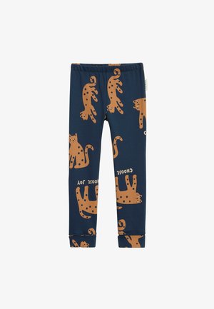 Navy leggings with an elastic waistband, featuring a playful pattern of brown cats with spots and the text "CHOOSE JOY" in yellow.