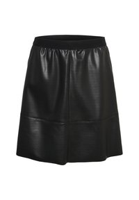 Sort læder mini nederdel med en samlet elastisk talje, glat tekstur og et enkelt design med en horisontal sømdetalje ved kanten.