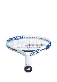 Tennisketsjer med en hvid ramme, blå accenter og grønne detaljer. Har et struktureret greb og et klassisk strenge mønster. Sekskantet logo på håndtaget.