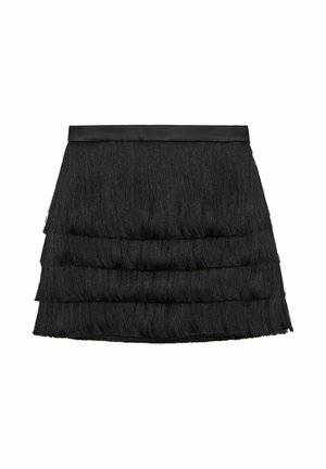 Fustă mini neagră cu design stratificat și textură franțuzită, având un talie netedă. Confecționată din material moale, fluid.