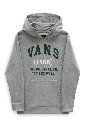 Grå hættetrøje med forlomme, snøre i hætten og trykt tekst i grøn og hvid: "VANS 1966 THE ORIGINAL CO. OFF THE WALL."