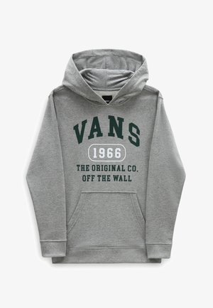 Sweat à capuche gris avec poche avant, capuche à cordon et texte imprimé en vert et blanc : « VANS 1966 THE ORIGINAL CO. OFF THE WALL. »