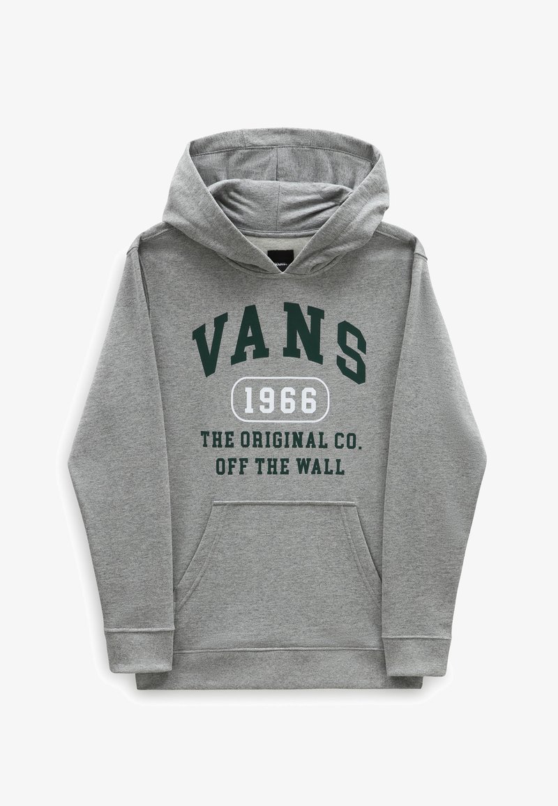 Sweat à capuche gris avec poche avant, capuche à cordon et texte imprimé en vert et blanc : « VANS 1966 THE ORIGINAL CO. OFF THE WALL. »