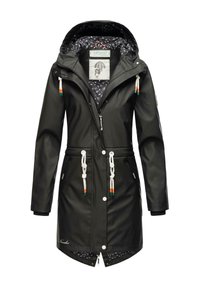 Black waterproof jacket with a hood, white drawstrings with orange and green accents, and a floral-patterned lining. Features a zip and snap closure.