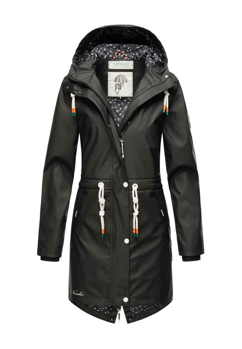 Black waterproof jacket with a hood, white drawstrings with orange and green accents, and a floral-patterned lining. Features a zip and snap closure.