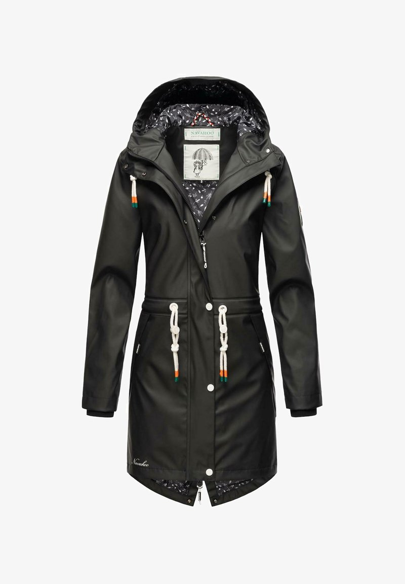 Must zwarte veekindel jacket kapuutsiga, valged paelad oranži ja rohelise aktsendiga ning lillemustriga vooder. Omab tõmblukku ja nööpe.