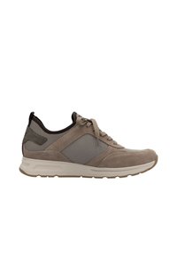 Beige athletic shoe with suede and mesh materials. Features a rounded toe, lace-up closure, padded collar, and a textured sole.