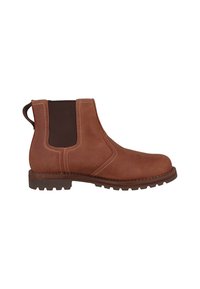 Botín Chelsea de cuero marrón con paneles laterales elásticos, tirador y suela robusta. Presenta costuras en contraste y una puntera redondeada.