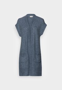 Sweter z dzianiny w ciemnoniebieskim kolorze, z krótkimi rękawami, otwartym przodem i dwiema kieszeniami z przodu. Teksturowana tkanina z prążkowanymi brzegami.