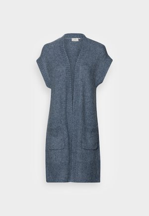 Sweter z dzianiny w ciemnoniebieskim kolorze, z krótkimi rękawami, otwartym przodem i dwiema kieszeniami z przodu. Teksturowana tkanina z prążkowanymi brzegami.