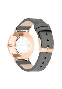 Uhrgehäuse aus roségoldfarbenem Edelstahl mit einem grauen Lederarmband. Das Armband verfügt über eine glatte Textur und einen Dornverschluss.