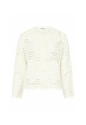 Crèmekleurige gehaakte cardigan met lange mouwen, ronde hals, knoopsluiting, bloemig cut-out patroon en geschulpte zoom en manchetten.