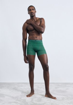 Zelené boxerky so vzorovaním a čiernym pásom, s geometrickým dizajnom. Model stojí naboso, pričom ukazuje celý produkt.