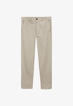 Beżowe spodnie wykonane z miękkiego materiału, z płaskim przodem, szlufkami na pasek, dwoma bocznymi kieszeniami oraz zapięciem na jeden guzik.