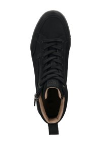 Schwarze High-Top-Sneaker mit Wildleder-Textur, Schnürdesign, seitlichem Reißverschluss und tanfarbigem Innenfutter. Merkmale sind kontrastierende Nähte und eine Zuglasche.
