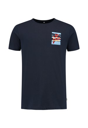 Navy blue cotton t-shirt with a round neckline and short sleeves. Features a multicolored graphic design on the left chest area.
