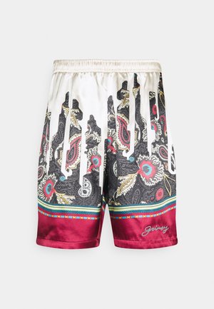 Zijden short met een elastische tailleband, met zwarte, witte, rode en turquoise paisley-patronen en een bordeaux zoom met geborduurde "Grimey".