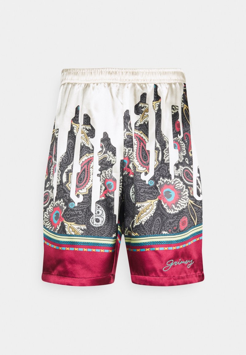 Short en soie avec une taille élastique, présentant des motifs cachemire noirs, blancs, rouges et turquoise et un ourlet bordeaux brodé avec "Grimey".