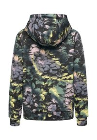Hoodie z ciemnym kwiatowym wzorem w odcieniach zieleni, żółci i różu. Tkanina z teksturowanym wykończeniem oraz ściągacze na rękawach i na dole.
