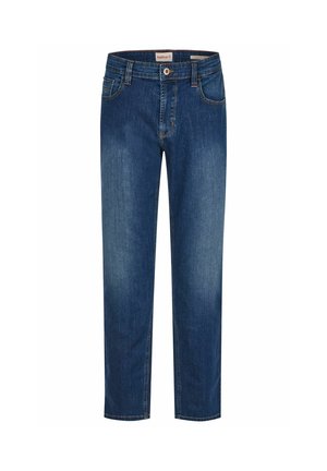 Classic straight-leg blue denim jeans with front and back pockets and button closure at the waist.
