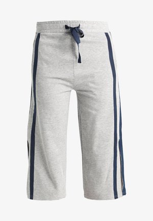 Szare, krótkie spodnie dresowe z miękkiego materiału, z ciemnoniebieskimi paskami po bokach i elastycznym paskiem w talii do regulacji dopasowania.