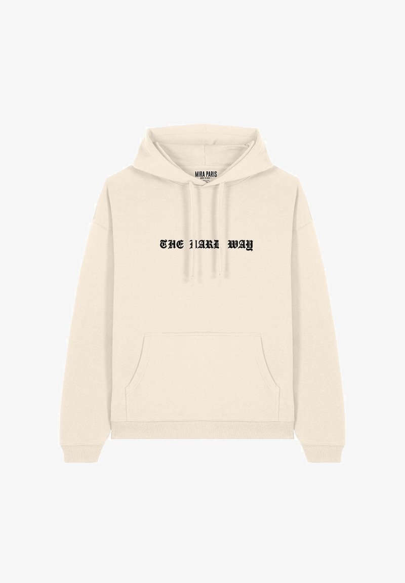 Un sweat à capuche couleur crème avec une poche avant, des cordons ajustables et un texte imprimé en noir "THE 1 ART WAY" sur la poitrine.