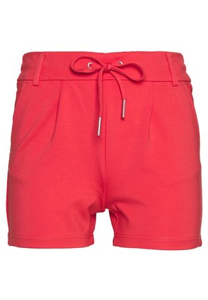 Shorts décontractés rouges avec un cordon à nouer à l'avant, des passants pour ceinture et une coupe ajustée.