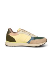 Leichter Sneaker mit einem beigen Obermaterial aus Wildleder und Mesh in Pastellgrün, Gelb und Pink. Verfügt über eine strukturierte Ferse und eine kontrastierende Sohle.