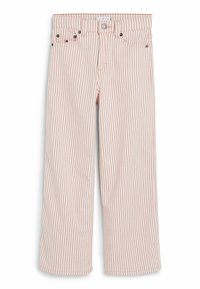 Pantaloni a gamba larga verticalmente striati in rosa e bianco, con tasche frontali e chiusura con bottone in vita.