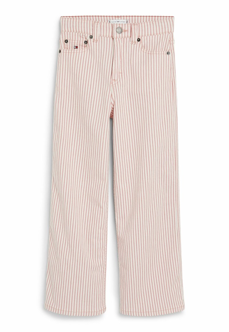 Pantaloni a gamba larga verticalmente striati in rosa e bianco, con tasche frontali e chiusura con bottone in vita.