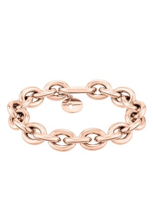 Armband met een brede roségouden ketting met ovale schakels en een kleine, ronde hanger dicht bij de sluiting.