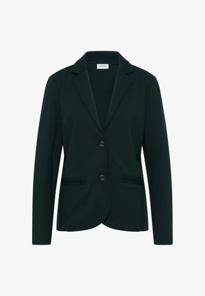 Blazer verde scuro realizzato in tessuto liscio, con colletto a rever, due bottoni e due tasche frontali con un design strutturato.