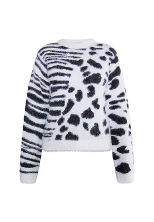 Purus baltas megztinis su juodais gyvūnų raštais, apvaliu iškirpimu ir ilgomis rankovėmis. Minkšta tekstūra ir trumpas dizainas.
