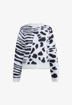 Purus baltas megztinis su juodais gyvūnų raštais, apvaliu iškirpimu ir ilgomis rankovėmis. Minkšta tekstūra ir trumpas dizainas.