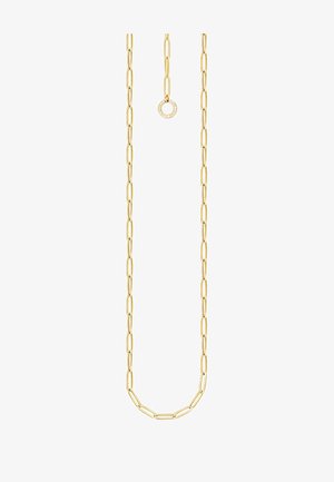 Halskette in Goldtone mit länglichen, ovalen Gliedern und einem runden Akzent in der Mitte. Glatte Textur, minimalistisches Design. Längenverstellbar.