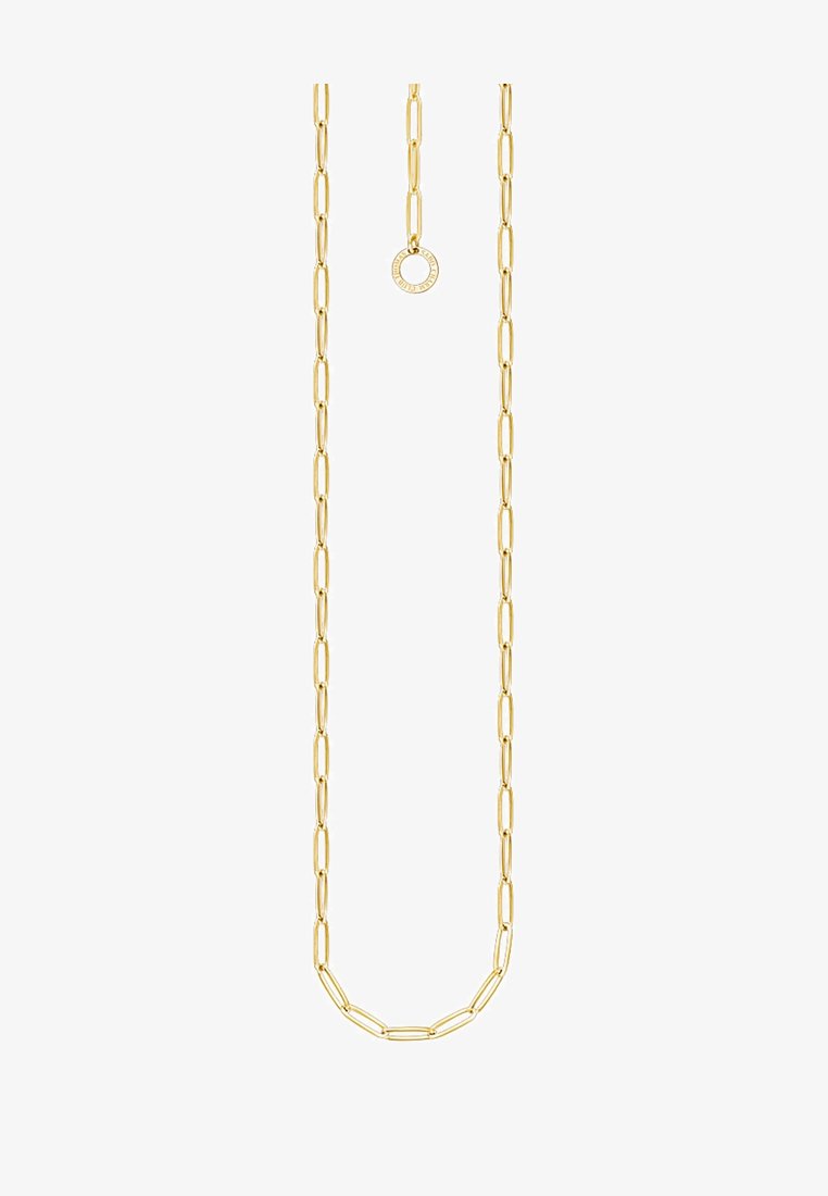 Halskette in Goldtone mit länglichen, ovalen Gliedern und einem runden Akzent in der Mitte. Glatte Textur, minimalistisches Design. Längenverstellbar.