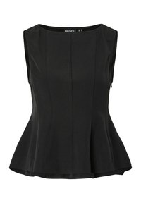 Top peplum sans manches noir avec un col rond, ayant des coutures verticales et une coupe ample à la taille, fabriqué à partir d'un tissu lisse.