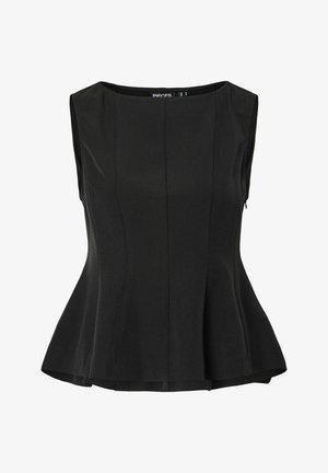 Zwarte mouwloze peplumtop met een ronde halslijn, voorzien van verticale naden en een losse pasvorm bij de taille, gemaakt van een gladde stof.