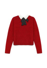 Roter Pullover mit einem cropped Design, featuring einem weißen Kragen und schwarzen Banddetails. Die Textur wirkt weich und gestrickt.