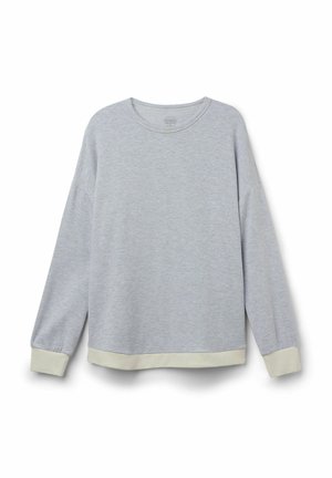 Ljusgrå sweatshirt med rund halsringning, långa ärmar och kontrasterande krämfärgade mudd- och fållkanter. Mjukt tyg med en något strukturerad yta.