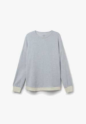 Ljusgrå sweatshirt med rund halsringning, långa ärmar och kontrasterande krämfärgade mudd- och fållkanter. Mjukt tyg med en något strukturerad yta.