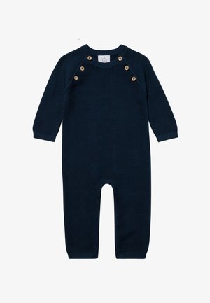 Knit navy blue romper with long sleeves, round neck, and wooden button accents at the shoulder. Soft texture with ribbed cuffs.