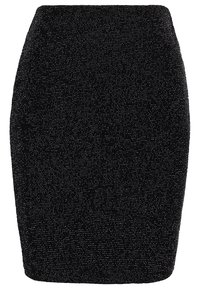 Černá tužková sukně s přiléhavým střihem, texturovaná tkanina s jemnými stříbrnými nitěmi a hladkým pasem pro strukturovaný vzhled.