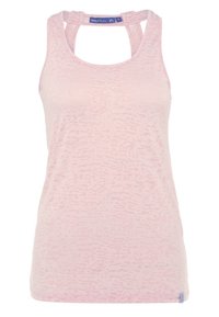 Jasnoróżowy sportowy tank top bez rękawów z delikatnym wzorem teksturowanym i tyłem typu racerback, rozmiar mały, metka marki wewnątrz kołnierza.