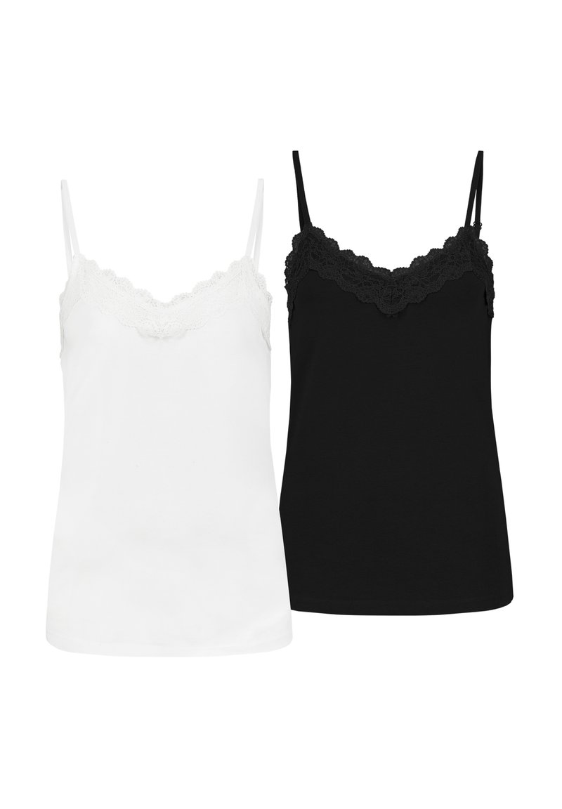 Zwei Spaghetti-Topps, eines in Weiß und das andere in Schwarz, mit einem Spitzenbesatz entlang des Ausschnitts und dünnen verstellbaren Trägern. Aus weichem Jersey-Stoff.