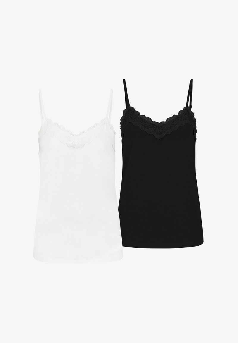 Zwei Spaghetti-Topps, eines in Weiß und das andere in Schwarz, mit einem Spitzenbesatz entlang des Ausschnitts und dünnen verstellbaren Trägern. Aus weichem Jersey-Stoff.