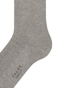Pilkos medvilninės kojinės su lygiu paviršiumi, apvalia koja ir subtiliu prekės ženklo ženklinimu šone. Tinka kasdieniam dėvėjimui.