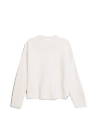 Cremfarbener Pullover, gerippte Textur, lange Ärmel, runder Ausschnitt, kurz geschnittenes Design, kleine Logokennzeichnung am Saum. Weiches Strickmaterial.